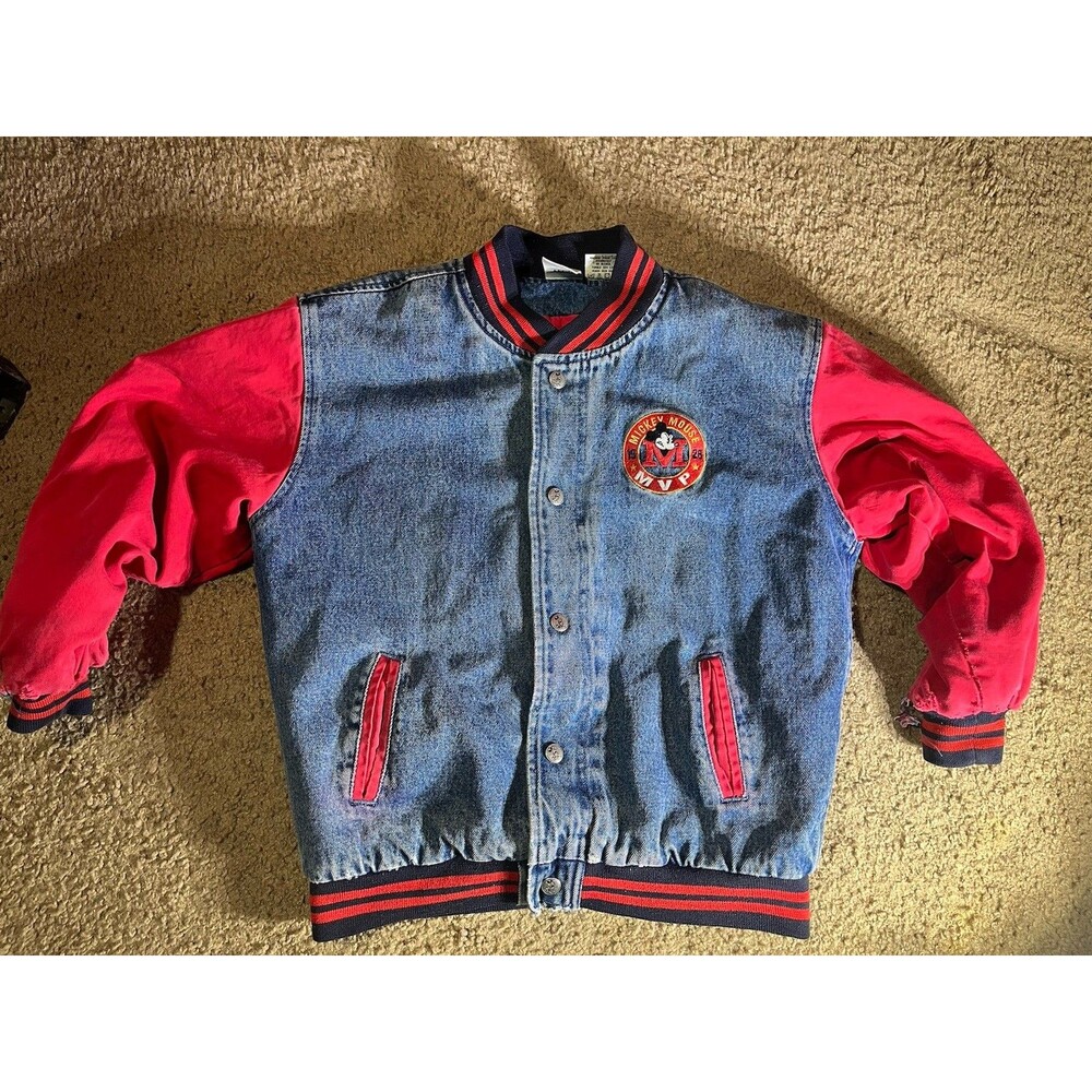 Vintage Disney Store Kids Large Mickey Mouse MVP Jean Bomber Jacket 1928